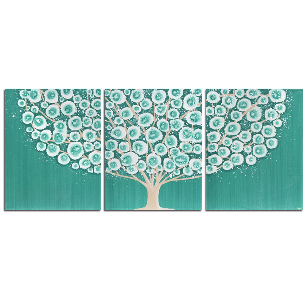 Canvas Art Tree Painting Original Triptych in Teal Large