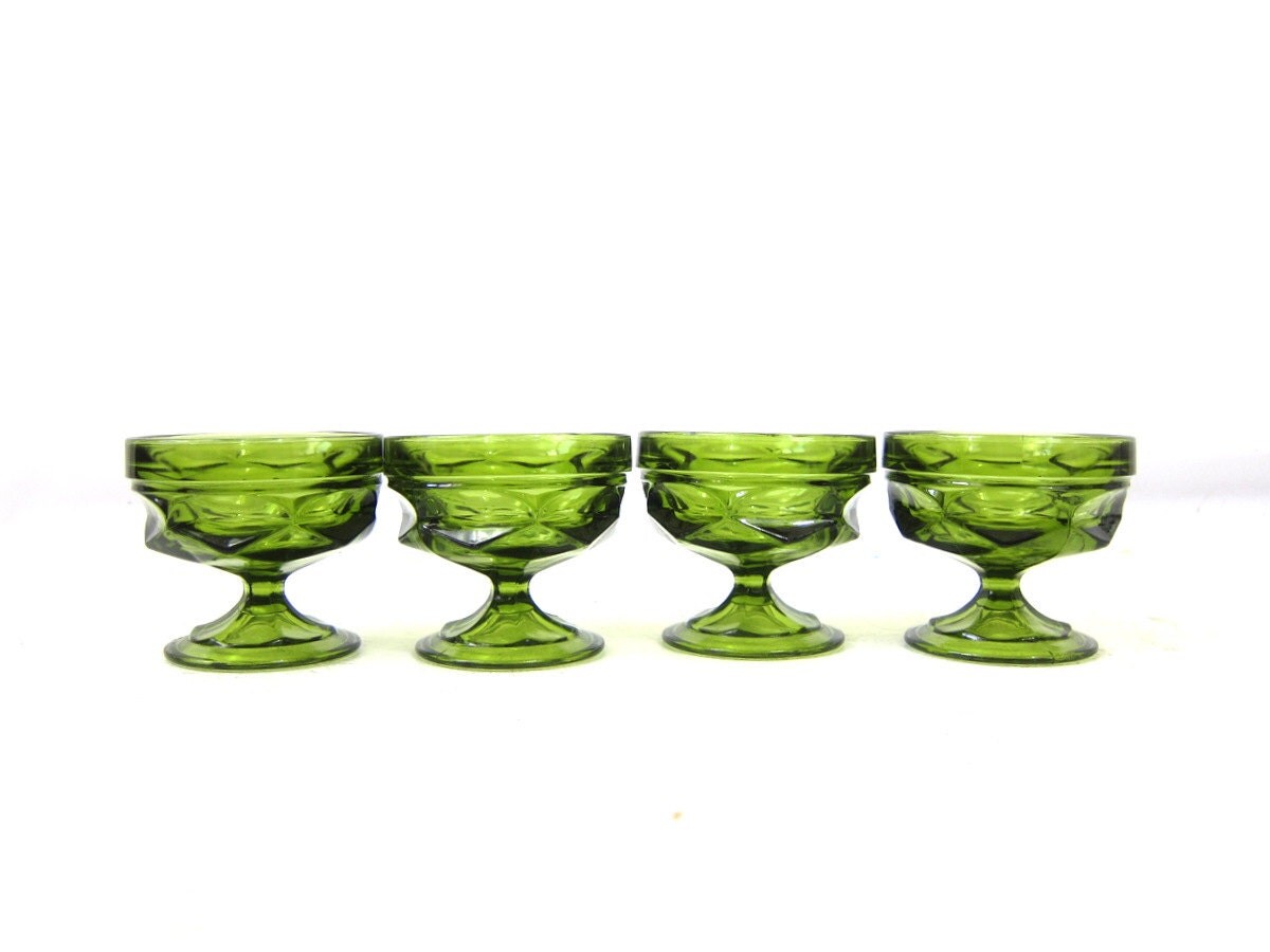 4 Retro Green glass Dessert Cups Pudding Dishes cocktail party