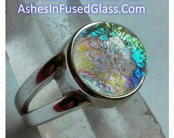 Women's Sterling Silver Cremation Jewelry Ring Size 7 Ashes InFused Glass Memorial Glass Ring Pet Urn 10mm Stone