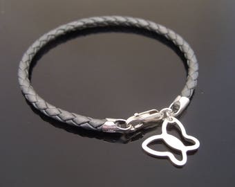 3mm Metallic Grey Braided Leather Bracelet With 925 Sterling Silver Butterfly Charm