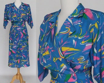 80's Confetti Print Shirtwaist Dress with Belt / Short Sleeves / Shoulder Pads / Small