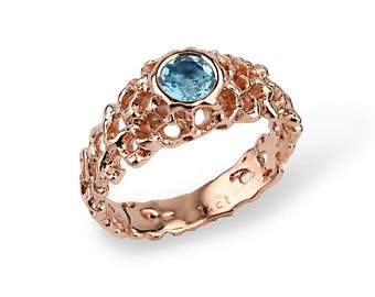 CORAL 14k Rose Gold Blue Topaz Engagement Ring, Blue Topaz Solitaire Ring, Swiss Blue Topaz  Ring, Rose Gold Ring, Unique Engagement Ring