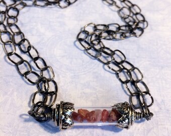 Wire Necklace with Stones in Bottle, Glass Vial Necklace Pink Necklace - Free Domestic Shipping