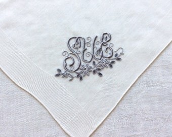 Vintage SUE Handkerchief Gray Monogram on White Cotton