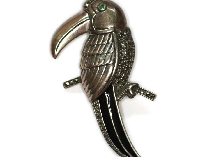 Sterling Toucan Bird Brooch Marcasites Black Enamel Signed Vintage