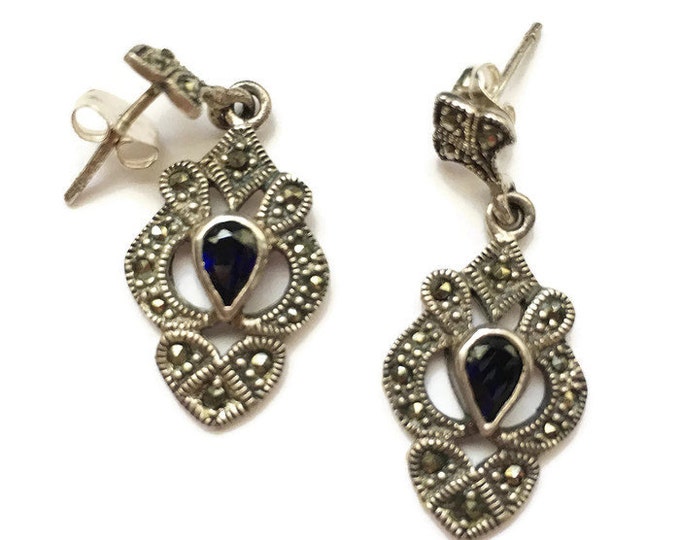 Sterling Marcasite and Blue Stone Dangle Earrings Posts Vintage Signed CW