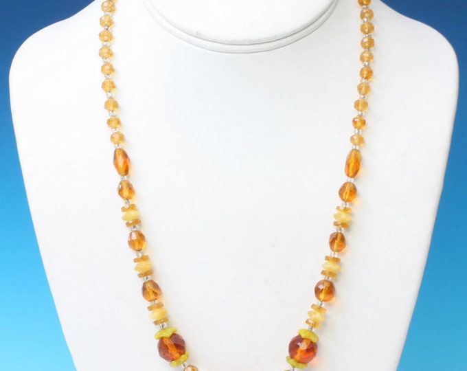 Czech Bohemian Amber Glass Bead Necklace Floral Accents Vintage