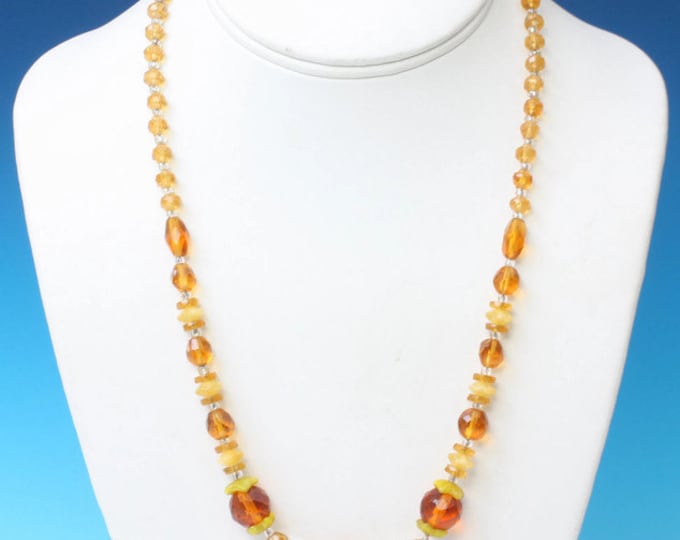 Czech Bohemian Amber Glass Bead Necklace Floral Accents Vintage