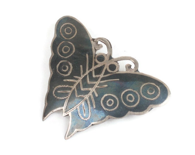 Siam Sterling Butterfly Brooch Niello Enamel Vintage