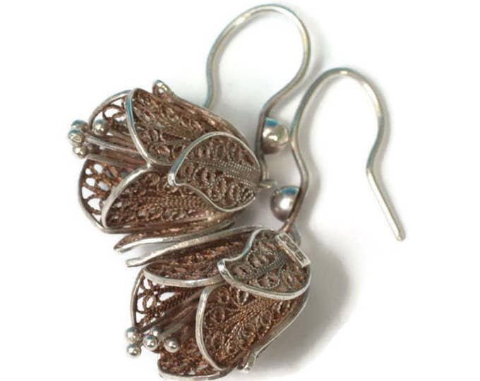 Silver Filigree Flower Earrings Layered Drop Dangle Vintage