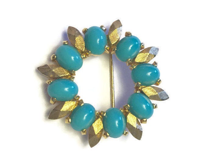 Simulated Turquoise Circle Pin Gold Tone Accents Designer Signed D'Orlan Vintage