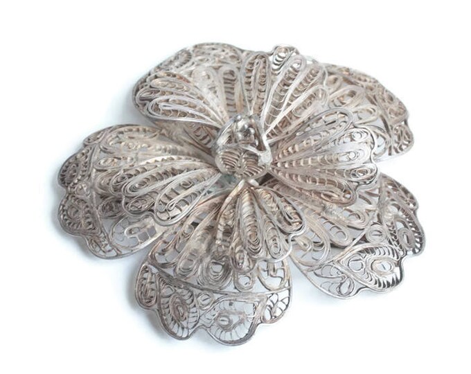 Sterling Silver Filigree Flower Brooch Mexico Dimensional Design Vintage