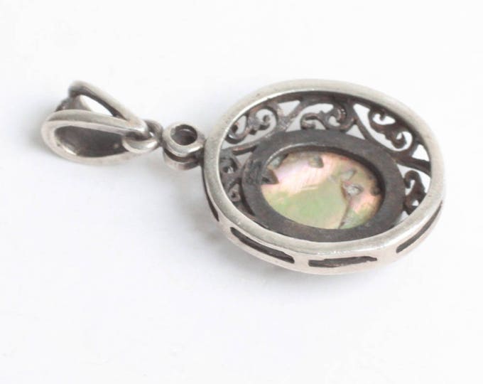 Abalone Shell Sterling Pendant Filigree Setting Oval Vintage