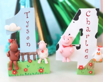 Barnyard farm birthday cake topper, wood number - animals pig cow chicken horse sheep farm barn personalized keepsake kid room decoration