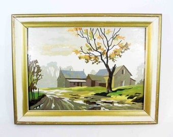 Vintage Paint By Numbers Farmhouse Scene. Circa 1950's - 1960's.