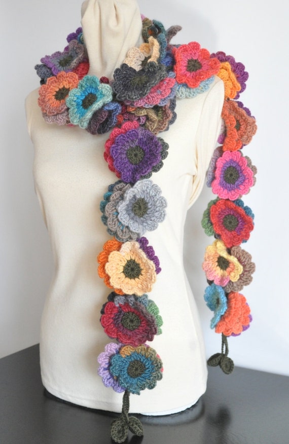 Floral Fall Long Multicolor Crochet Flowers long Scarf