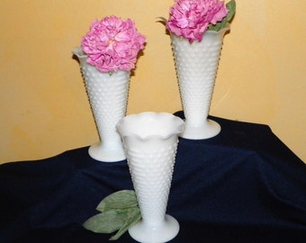 Hobnail Milk Glass 9" High Trumpet Vases, Set of 3 Large Centerpiece Vases, Weddings, Showers, Events (2 Sets Available)