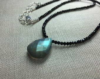 Black Spinel Necklace with Labradorite Briolette in Sterling Silver #2