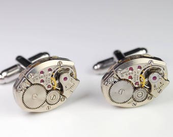Steampunk Cufflinks Vintage Elgin Watch Movement Mens Gear Cuff Links by Steampunk Vintage Design