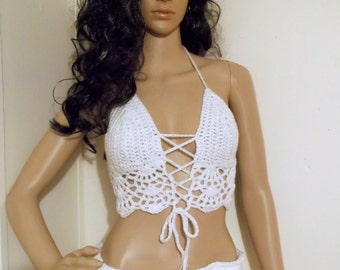 Hand Crochet Cropped Top, Festival top, Cropped Halter Top, Lacy Tank Top, Summer Halter Top, Club Wear, hippie festival top, in WHITE
