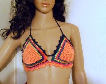 Hand Crochet Cropped Top, Festival top, Cropped Halter Top, Tank Top, Summer Halter Top, Club Wear, hippie festival top, in Peachy Pink