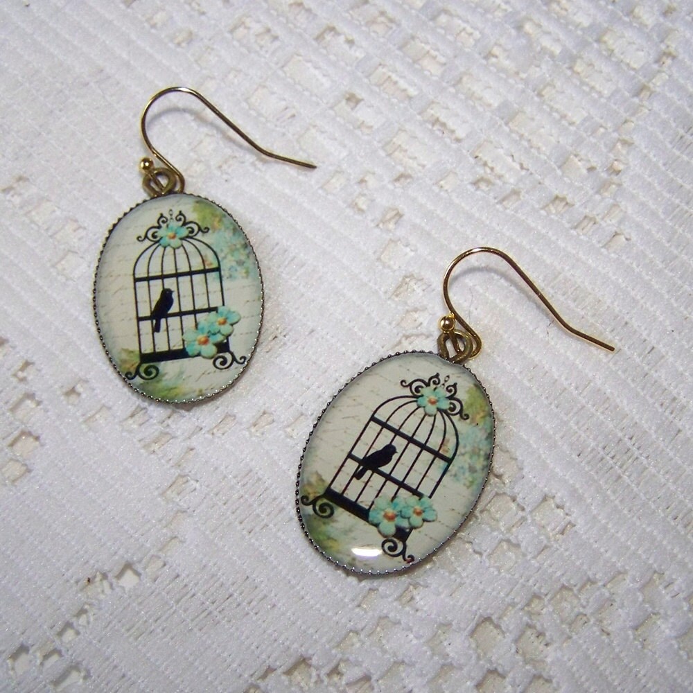 Bird Cage Earrings Birdcage Jewelry Blue Flower earrings