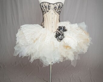 Custom Size black and ivory ostrich feather Marie Antoinette Burlesque steampunk corset dress with hair piece S-XL