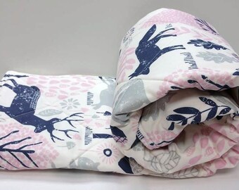 Baby Girl Quilt-Baby Quilts-Woodland Crib Bedding-Pink-Gray-Navy Blue Nursery-Baby Shower Baby Blanket-Deer-Fox-Bunny Rabbit Baby Blanket