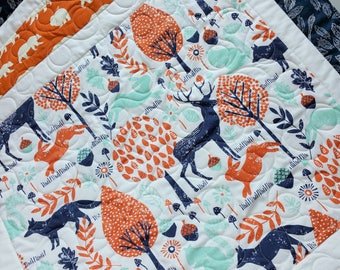 Modern Woodland Baby Quilt-Navy Mint Orange Baby Blanket-Deer-Fox-Buck-Antler-Bear Hike-Handmade Quilt-Baby Bedding