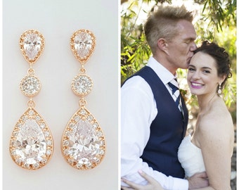 Rose Gold Earrings, Rose Gold Wedding Jewelry, Cubic Zirconia, Large Teardrops, Rose Gold Wedding Earrings, Crystal Bridal Jewelry, Evana