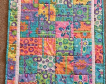 Baby quilt handmade brightly colored newborn sized