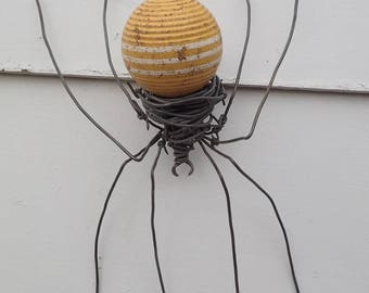 Old Yellow CroquetteBall Barbed Wire Spider Repurposed Art