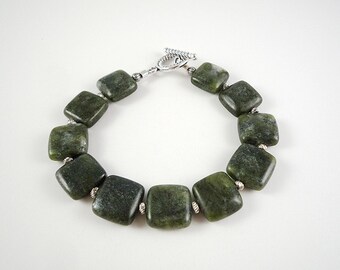 Jade Bracelet Dark Green Nephrite Jade Bracelet Green Jade Gemstone Bracelet Nephrite Jade Silver Bracelet Genuine Jade Bead Bracelet