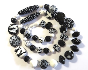 Black and White Kazuri Bead Necklace, Fair Trade Beads, Ceramic Necklace, Statement Necklace