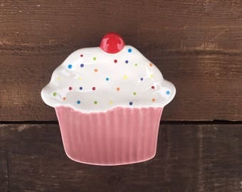 Bright Cupcake Ceramic Dessert Plate or Trinket Dish - Polka Dot Sprinkles - Pink