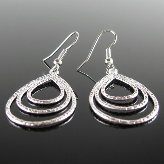 Silver tiered oval hoop nickel free earrings surgical steel