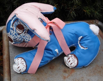 Toy Rabbit vintage vinyl and plastic stuffed rabbit with soft tail blue, pink, brown and white with blue bow 10 x 6 1/2" nursery decor