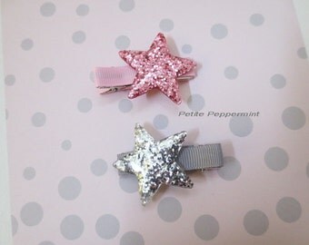 Pink and Silver Star Girl Hair Clip Set, Toddler Girl Hair Clip, Toddler Hair Clip, Girl Hair Clip,Girl Hair Bow,Girl Barrette,Hair Clip Set