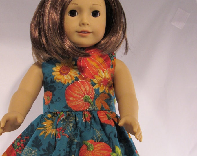 Fall teal and pumpkin print dress fits 18 inch dolls