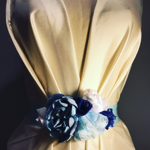 Blue Fabric Flower Belt Sash Hairpiece Bridal Sash Wedding