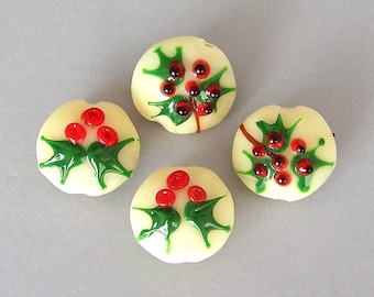 4 holly beads and mistletoe beads, red and green, lampwork Christmas beads, holiday lampwork glass beads
