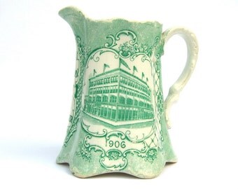 Doerflinger Park Commemorative Souvenir Pitcher Creamer, Antique Green Transferware, 1906 Anniversary Canada Memorabilia