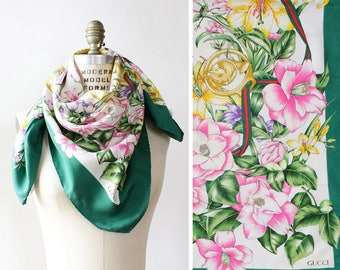 Vintage Gucci Silk Scarf •Floral Silk Scarf • Designer Silk Scarf • Green Silk Scarf • Gucci Silk Scarf • Designer Silk Scarf | GSC26