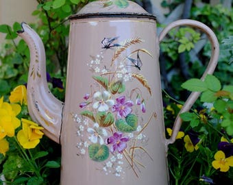 Enameled French COFFEE Pot PINK hand painted VIOLETS, Spikes & Butterflies Etoile Pen