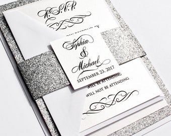 Classic Love Story Wedding Invitation Set - silver wedding, custom invite, silver glitter, luxury invite, invite with wrap, fully assembled
