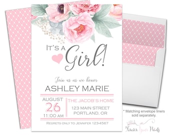 FLORAL It's A Girl Baby Shower Invitations, Girls Baby Shower Invitations, Floral Baby Shower Invitations, Pink and Gray Baby Shower