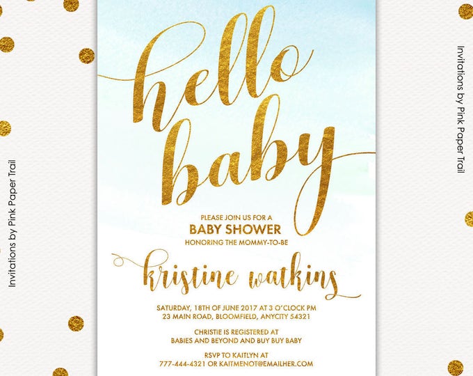 Blue and Gold Baby Shower Invitation, Hello Baby Invitation, Boy Baby Shower, Modern Baby Shower, DIY, Print Your Own