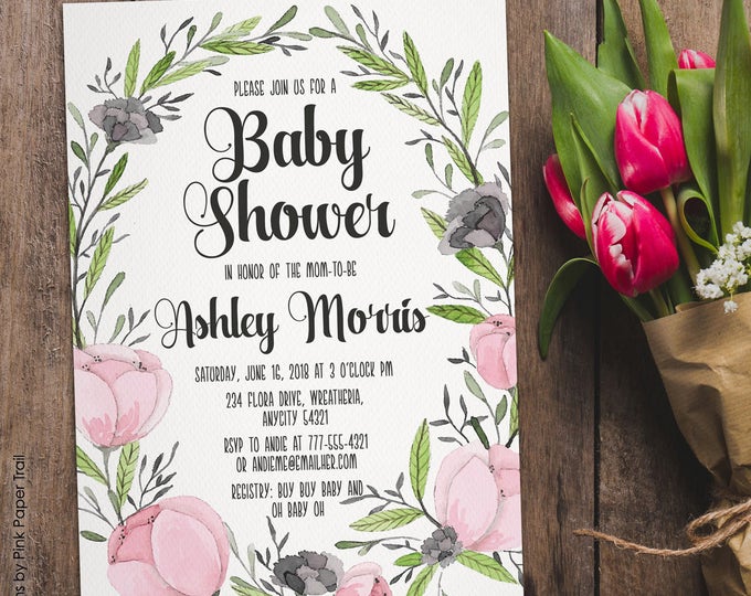 Pink Floral Wreath Baby Shower Invitation, Spring Floral Watercolor Digital Printable Invitation