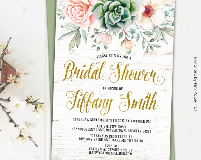 Bridal Shower Invitation, Floral Succulent Boho Chic Bridal Shower Invitation, Succulents Protea Roses Anemone Rustic Printable Invitation