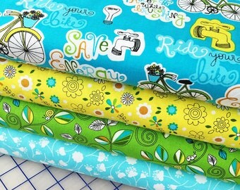SALE! ~ Go Green Save Energy ~ Bicycle ~ Quilt Fabric Fat Quarters ~ Aqua ~ Michael Miller ~ SALE!